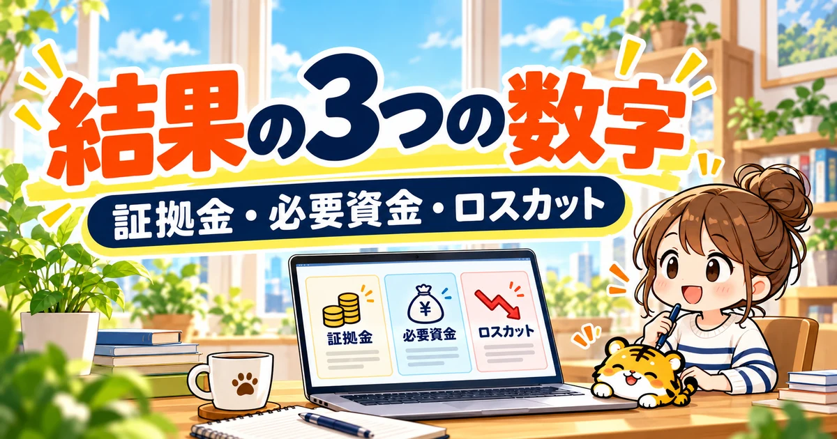 発注証拠金、必要資金、ロスカットの3項目を確認するイラスト