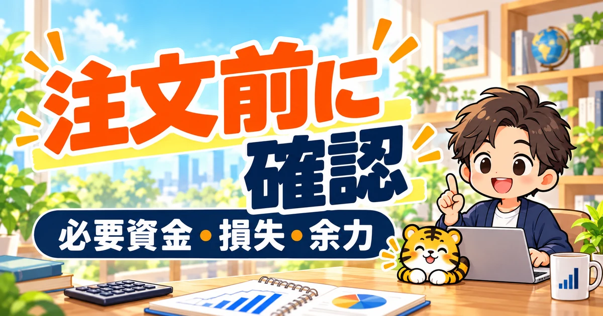 注文前に必要資金、損失、余力を確認するイラスト
